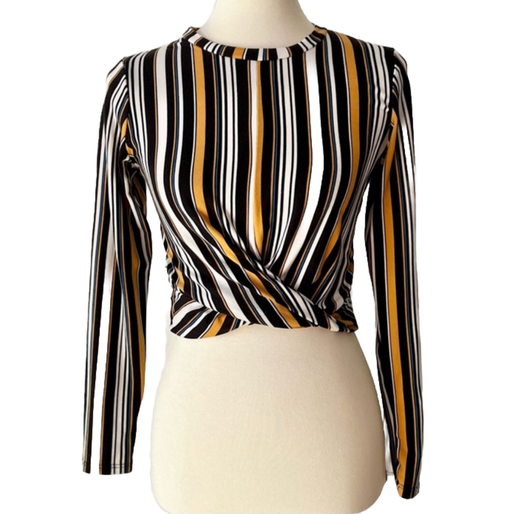 Say Anything Striped Crop Top Size M Adorable Gold Black White Blue Long Sleeve